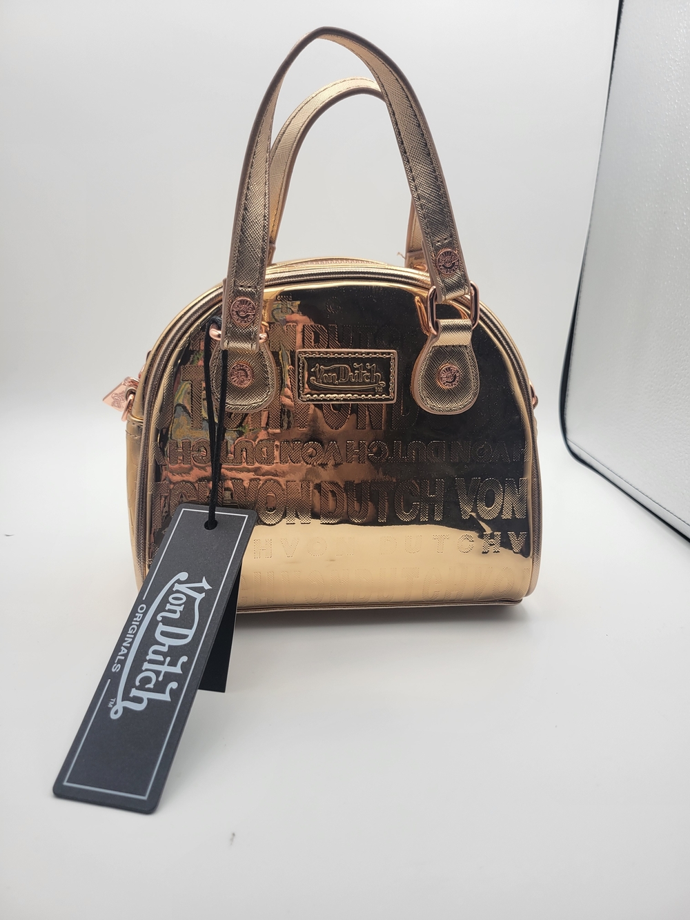 Von Dutch Rose Gold Reflective Mini Bowling Bag Crossbody Purse New With Tags